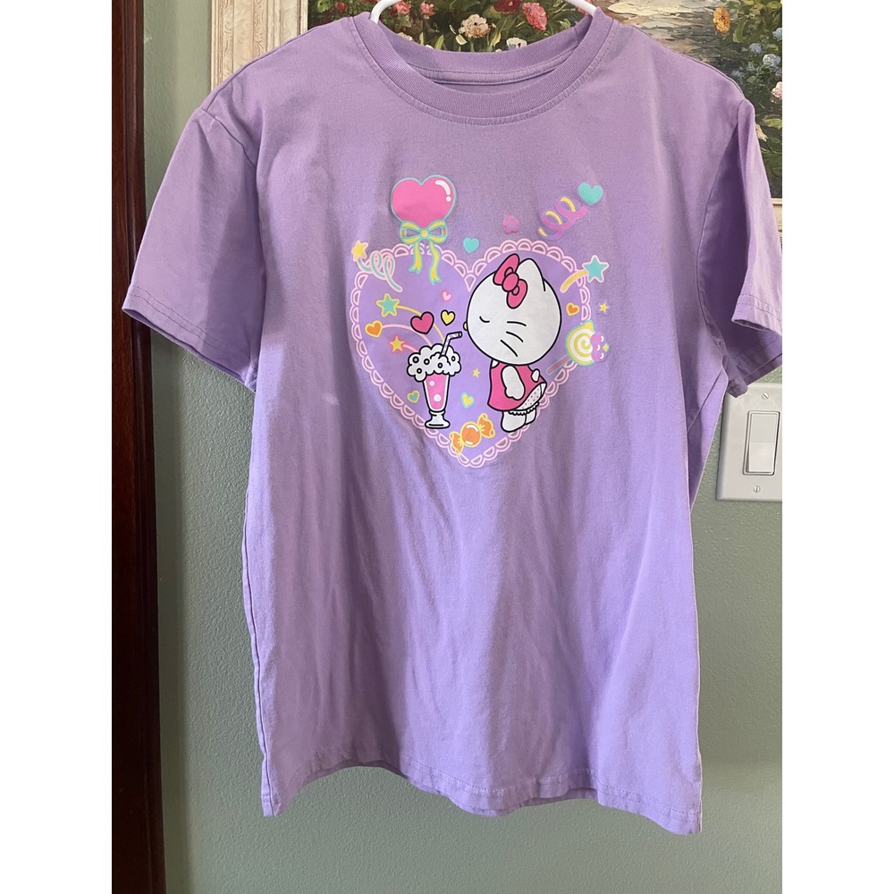 Sanrio Purple Hello Kitty Women Short Sleeve T-Shirt Size M - Medium Top Used
